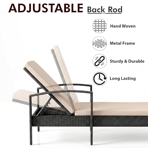 Image of BRISHI Outdoor Swimming Poolside Lounger Beach Sunbathing Lawn Patio Chaise Lounge Sun Lounger Chair Adjustable Backrest, Black-Beige (Single)