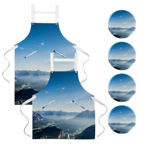 Lot de 2 tabliers de cuisine paysage de montagne bleu ciel avec 4 broches
