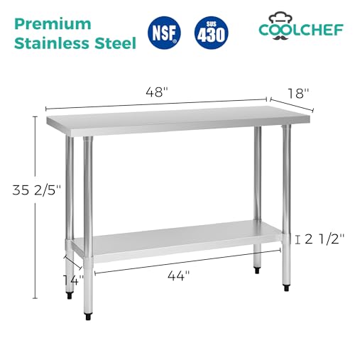 Image of COOLCHEF Stainless Steel Work Table 18 x 48 Inch, NSF Commercial Prep Table with Undershelf, Heavy Duty Food Prep Workstation