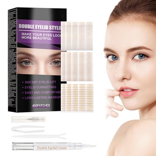 Eyelid Lift Strips, 480Pcs Invisible Eyelid Tape, Double Eyelid Stickers, Breathable & Waterproof, for Uneven Mono-Eyelid