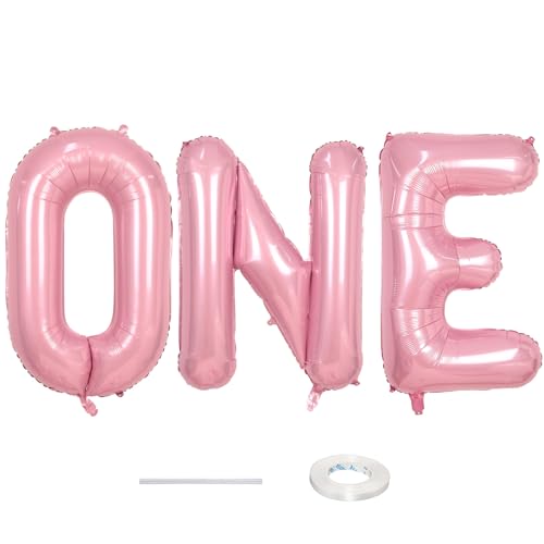 Image of 40 Inch Pastel Pink ONE Balloon for 1st Birthday - Light Pink Letters With Ribbon - Baby Pearl Alphabet for Girls First Birthday, 1 Year Old Baby Shower Party Decorations