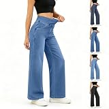 FOCLMP Wide Leg Jeans Woman Elastic Waist Pull on Stretchy Straight Leg Denim Pants High Waisted Tummy Control Sweatpant Jean Pull on Jeans for Women Stretch Blue L