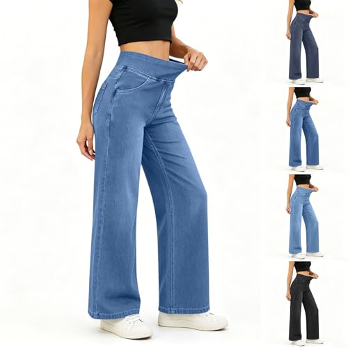 Awrvia Jeans Damen Wide Leg Sommerjeans Weites Bein Jeanshosen Stretch High Waist Hose mit Gummizug Baggy Damenjeans Leicht Sommerhose Gerades Denim Taschen Locker Freizeithose Urlaub Wandern