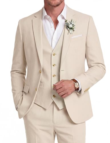 COOFANDY Men's 3 Piece Linen Suits Set Regular Fit Casual Lightweight Blazer Jacket Dress Vest and...