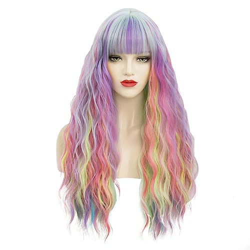 Perruque longue arc-en-ciel multicolore TOMIGO à frange droite synthétique lisse