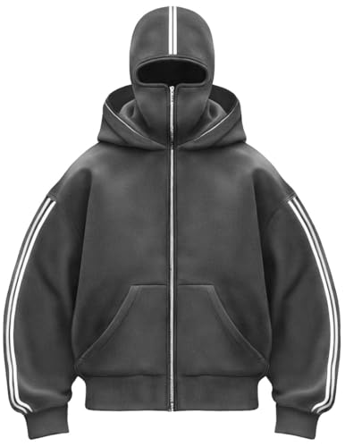 PADOLA Balaclava Zip Hoodie Herren mit Sturmhaube Oversized Y2K Ninja...