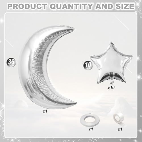 Image of Moon and Star Balloons New Years Balloons 36 /18 Inch Metallic Silver Moon Five Angle Stars Foil Balloon for Happy New Year Eve Ramadan Baby Shower Engagement Birthday Anniversary Party Decor