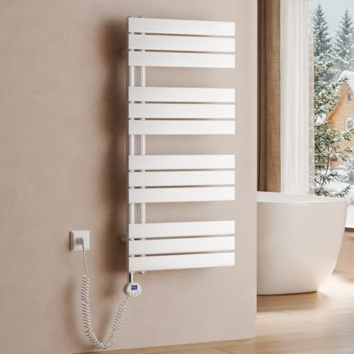 S'AFIELINA toallero eléctrico con termostato Blanco, 1041x500mm, 600W, radiador eléctrico para Toallas, Resistencia eléctrica, Temporizador, termoarredo para baño, Panel con conexión Lateral