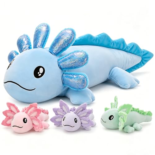 Image of MaoGoLan Giant Blue Axolotl Plush with Babies, 33 inch Axolotl Stuffed Animal | 33 Inch Sequin Mommy With 3 Baby Salamanders for Girls Kids, Kawaii Room Decor, Christmas Graduation Birthday Gift
