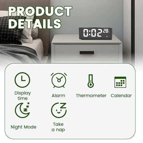Image of DRONTER LED Mirror Alarm Clock, Large Display Digital Clock with Temperature Display, Snooze Function, USB Powered for Bedroom & Office
