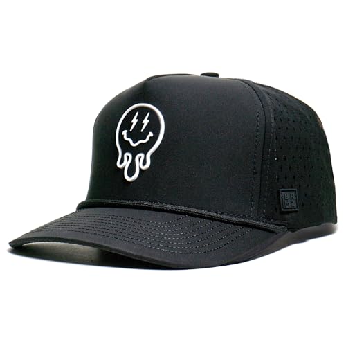 BRIMZ Outdoor Performance Hat - Breathable Sweat Resistant Fitness Hats - Best for Golf, Running, Workouts, Fishing, Exercise - Moisture-Wicking 5-Panel Baseball Cap Snapback (Melting Smile - Black)