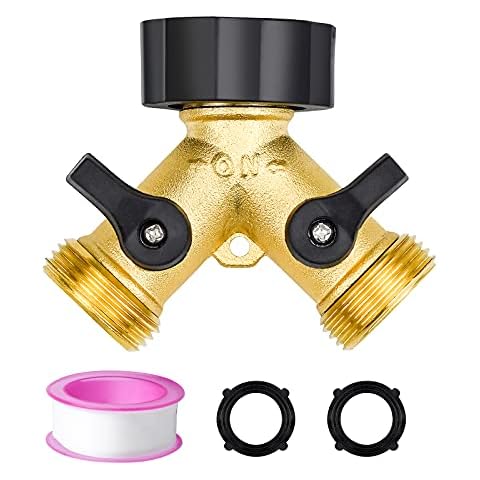Luyoah 2 Way Brass Tap Garden Hose Splitter Y Tap Splitter 3/4 Inch Double Hose Connector with 2 Washers and PTFE Tape for Garden Watering and Car Washing Cover