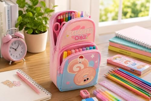 Image of WORSHIPER Double Zipper Pencil Pouch for Kids | Large Capacity Stationery Organizer | Multi-Compartment Pencil Case for School, Office & Travel | Cute Food Theme Design(Delicious Cake - Pouch)
