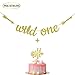 Wulagogo Wild One Gold Glitter Banner Sign with Wild One Cake Topper for Wild One Boho Tribal Themed First Birthday Party