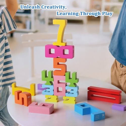 Montessori Math Blocks for Kids Ages 3-8 | 20PCS Wooden STEM Learning Toys with Balance Game | Self-Checking Number Puzzles & Counting Cubes | Toddler Educational Building Set - Image 4