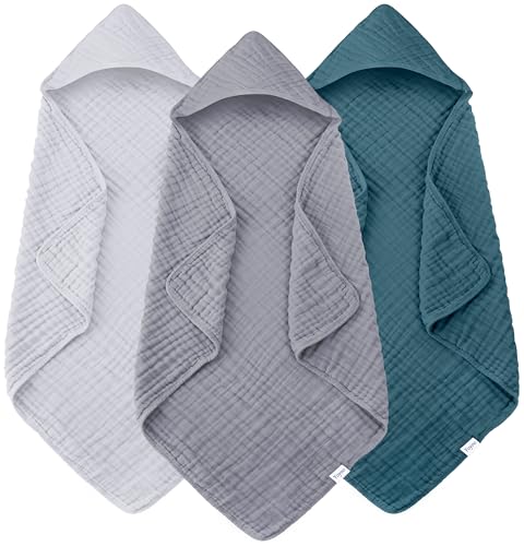 Image of Muslin Hooded Baby Bath Towels - 3 Pack 100% Cotton Ultra-Soft Towels for Newborns, Infants, Toddlers - 32x32 Inch - Highly Absorbent, Quick-Dry Essentials for Bath, Beach, Pool, Grey Blue Series