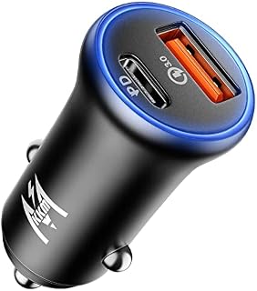KKM Car Charger, 38W Fast Car Phone Charger Adapter QC(3.0)&PD(2.0), Dual-Port Cigarette Lighter USB Charger with Blue LED, Compatible with iPhone 14 Pro/14 Pro Max/14/14 Plus, Galaxy S22/S21/S20