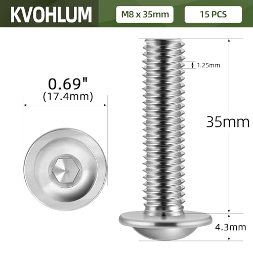 Image of M8-1.25 x 35mm 15 PCS Flanged Button Head Socket Cap Bolts Screws, Stainless Steel 304, Allen Socket Drive, Screwdriver Bit Included, Bright Finish, Fully Machine Thread