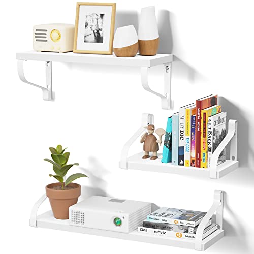 Love-KANKEI Floating Shelves Wall Mounted - Rustic Wood Wall Shelves Set of 3 for Bedroom Living Room Bathroom Kitchen (Rustic white)