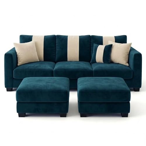 Image of Revo 5 Seater L Shape Sofa Set with 2 Movable Ottomans | Flexible Layout | Luxury Velvet Suede Fabric | Modern Living Room Sofa | Greenish Teal