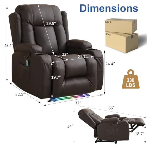 URRED Recliner Chair with Massage and Heat, Power Reclining Sofa Chair Home Theater Seating with LED Ambient Light, USB Ports, Cup Holders, Side Pockets, Faux Leather, Dark Brown - Thumbnail 3