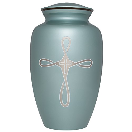 Amazon Crazy 🔥 Deals Ansons Urns Cremation Urn - Religious Cross Funeral Urn for Human Ashes - Large Adult Size Burial Urn - 100% Brass (Blue)