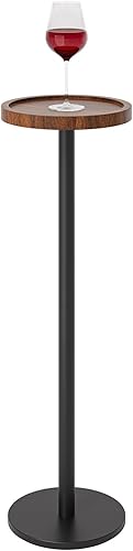 Mesa de bebida, mesa auxiliar de pedestal pequeña, mesa de cóctel redonda, mesa auxiliar circular con base de metal, para espacios pequeños, marrón