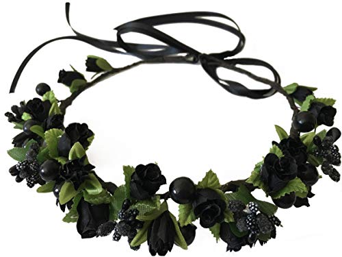 Flower Crown Floral Girls Headband - Black Headpiece Womens Wedding Bridal - Artificial Silk Roses Boho Wreath Flower Crown Floral Girls Headband - Black Headpiece Womens Wedding Bridal - Artificial Silk Roses Boho Wreath