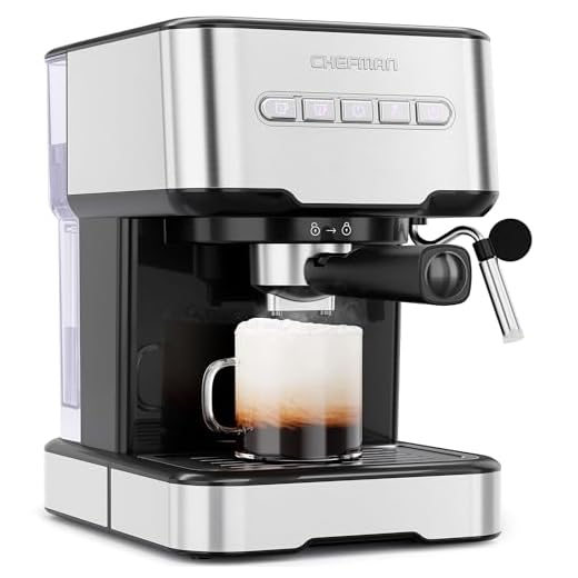 Chefman 6 in 1 Easy-Brew Espresso Machine, Built-In Milk Frother, 15 BAR Pump, One-Touch Single or Double Shot Espresso, 1.5 Liter Water Reservoir, Internal Cleaning Function, Stainless Steel