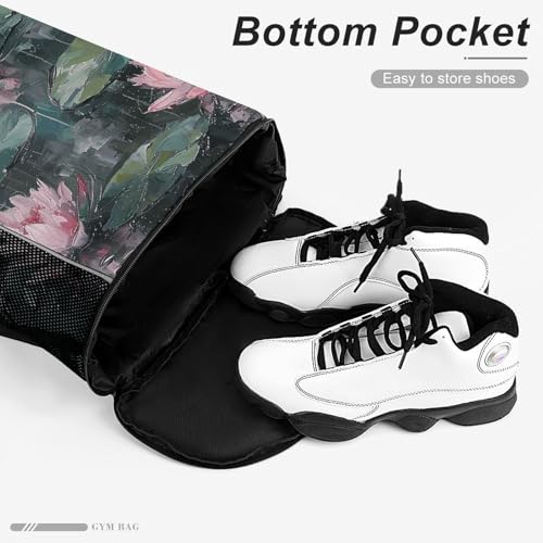 Drawstring Gym Backpack with Shoe Compartment And Wet Pocket, 28L Lightweight Waterproof Peach Water Lily Painting Sports Backpack for Workout Swim Beach Travel String Bag for Men Women4