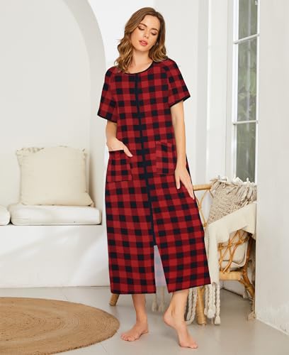 Image of Ekouaer Women Robe Zipper Short Sleeves Full Length House Coat with Pockets