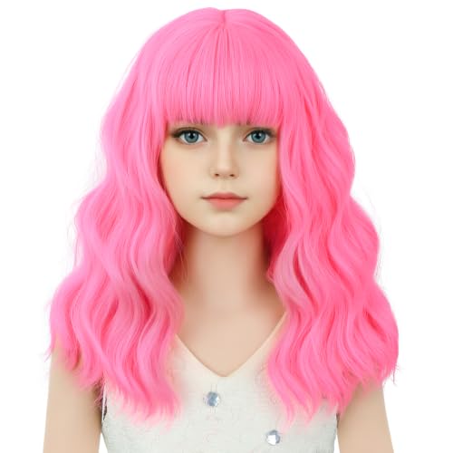 Image of Neon Pink Wig Short Pink Wavy Curly Wigs Wig with Air Bangs Synthetic Cosplay Hair Wigs