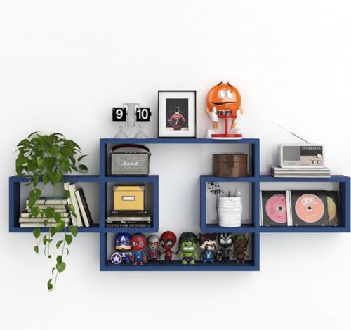 Image of Wooden Wall Shelves for Living Room, Bedroom Wall Mounted Rectangle Bookcase, Intersecting Wall Shelves for Storage Modern Decorative Display Shelves for Wall Decor (Navy)