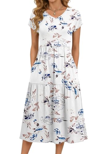 PLOKNRD Robe Longue Femme Été - Taille Haute, Col V, Manches Courtes avec Poches - Volants en Jersey Infroissable Fleur Blanche,XL