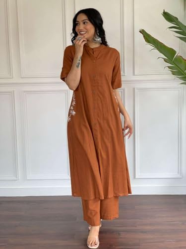 Image of Women's Cotton Embroiderd Long A-Line Kurti with Palazzo