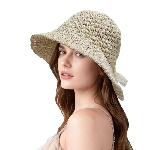 Sombrero de playa plegable para mujer color beige miniatura 1