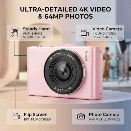 Cámara digital 4K 64MP con pantalla abatible 180° y zoom 16x miniatura 6