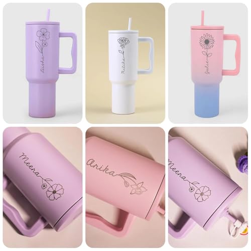 Image of Personalised with Your Name, 1200ml Tumbler with Straw - Handle - Stainless Steel Double Wall Insulated Cup | Leakproof Sipper Mug for Hot - Cold Drinks | Coffee - Water Tumbler (Blue Fower custom)