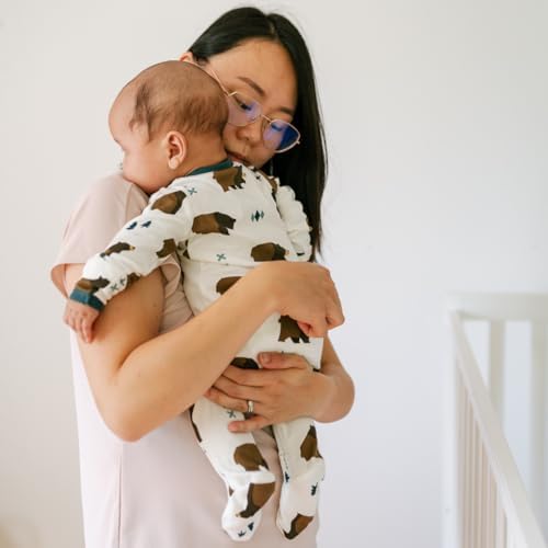ZIPPYJAMZ Baby Sleepers, Organic GOTS Cotton Footed Onesies, Inseam Zipper for Quicker and Easier Diaper Changes - Little Grizzle (9-12 Months)