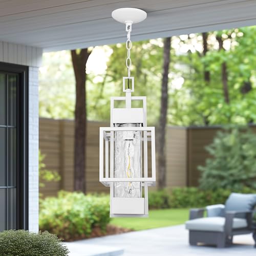 PARTPHONER 15" Outdoor Indoor Pendant Light Exterior Hanging Lantern, Modern Metal Outside Chandelier Light Fixture Ceiling Mount with Water Glass for Front Porch Entrance Foyer Entryway, White