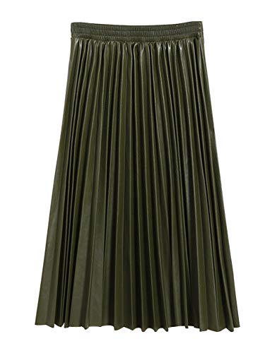 SUNFURA Women's Winter Faux Leather Elastic Waist Swing Flare Pleated Skirt
