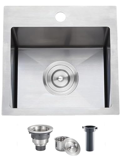 Image of SHACO 15x15 Inch Drop In Bar Sink,15 Inch Stainless Steel Top mount Small Single Bowl Kitchen Bar Sink,16 Gauge Brushed Nickel Small Kitchen Prep Sink with Strainer Drain