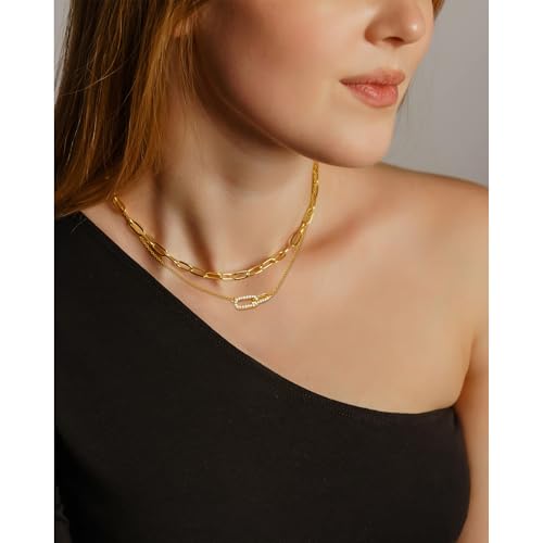 2 Pcs Gold Paperclip Necklace for Women, Layered Paper Clip Necklace Dainty Gold Choker Jewelry with Open Oval Zircon as Paperclip Chain Jewelry Summer Trendy Layering Necklace Set2