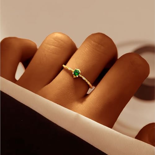 Emerald Green Engagement Ring for Women Mother, 925 Sterling Silver Dainty Green Birthstone Ring to Daughter 14K Gold Plated CZ Promise Ring Birthdays Wedding Season Christmas Jewelry Gift for Her2