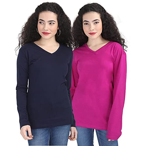 Image of FLEXIMAA Women's Cotton Plain V Neck Full Sleeve T-Shirt