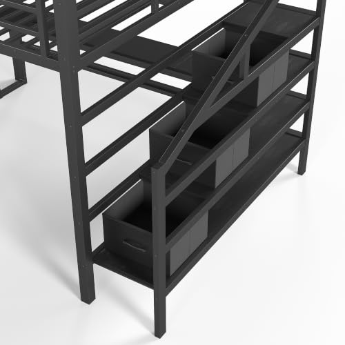 Image of Bellemave Queen loft Bed with Movable Desk and Storage Stairs, Shelves, Metal Loft Beds with LED Lights, USB Ports, Multifunctional Iron Nets for Adults, Kids, Teens, Black