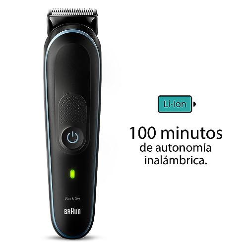 Recortadora Braun destacando su autonomía inalámbrica de 100 minutos gracias a la batería de litio