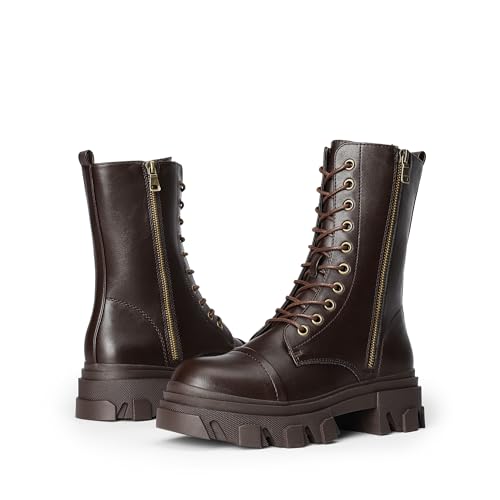 DREAM PAIRS Women's Combat Boots Lace up Mid Calf Boots Low Heel Chunky Platform Lug Sole Riding Boots,Size 8,Brown-Pu,DMB215