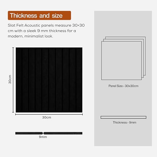 Image of MMT Acoustix Slats Felt Acoustic Panels for Walls | Luxury PET Polyester Sound Absorbing Wall Panels | Echo & Reverb Control | Pin-Friendly Bulletin Board | 30x30 cm Panels | Black | Set of 8