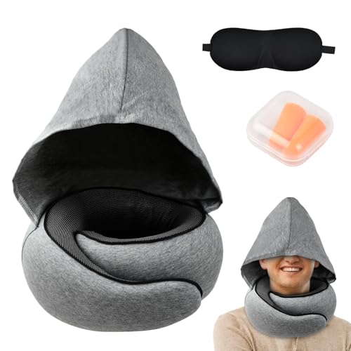 Focenat Oreiller de Voyage à Capuche pour Avion, Coussin de Nuque pour Voyage, Oreiller de Voyage en Mousse à Mémoire de Forme pour Adulte, Coussin de Voyage pour...